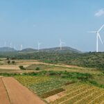Aerial view of wind turbines in a lush rural landscape under clear blue skies.