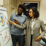 Colleagues engaged in a data-driven meeting, analyzing charts and graphs on a flipchart.