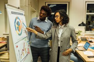 Colleagues engaged in a data-driven meeting, analyzing charts and graphs on a flipchart.